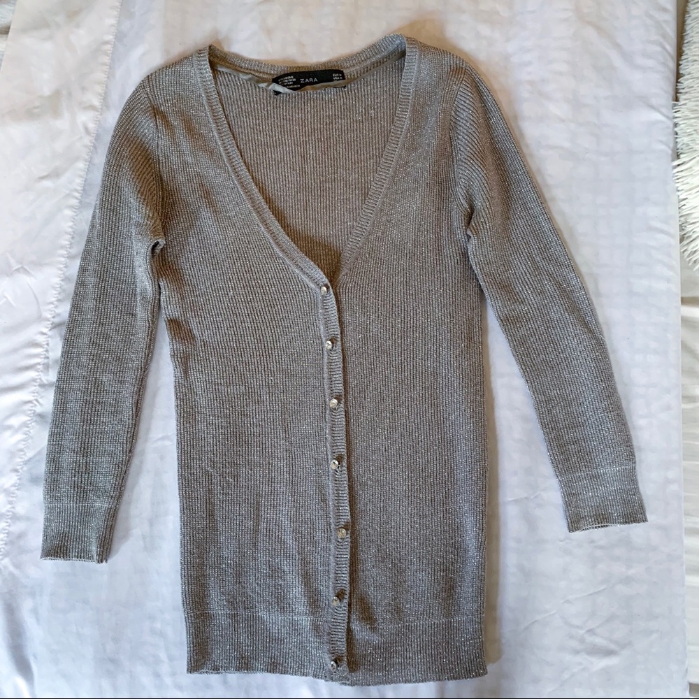 Zara Silver Lurex Cardigan with Crystal Buttons XS